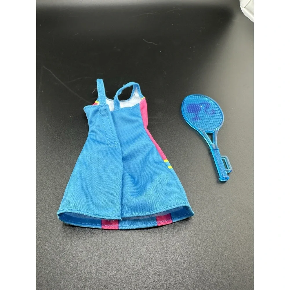 Vtg Mattel BARBIE Doll Blue  Pink Yellow Sleeveless Mini Tennis Dress And Racket